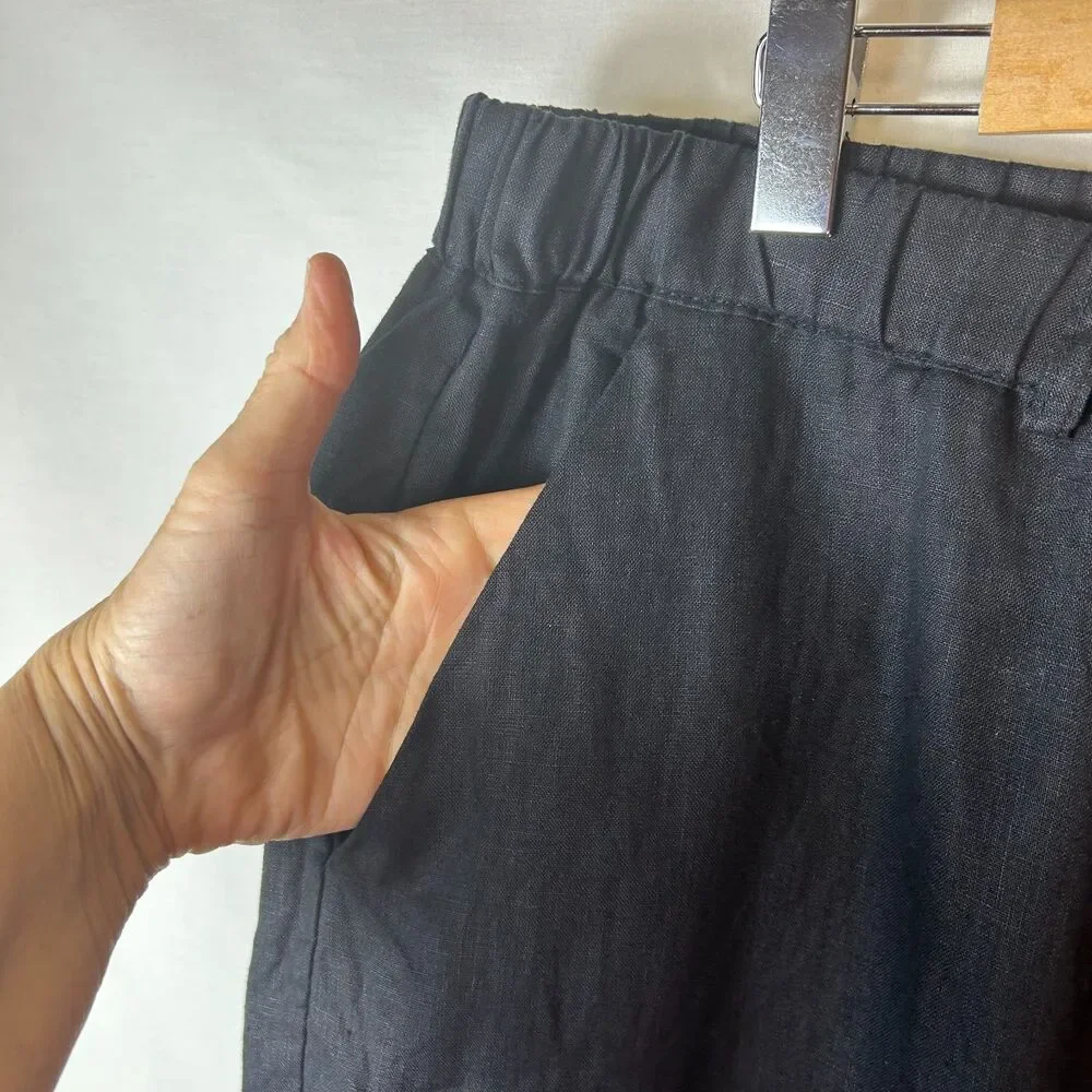 Quince Women's Black NWOT European Linen Elastic Waist Wide Leg Pants Size XL